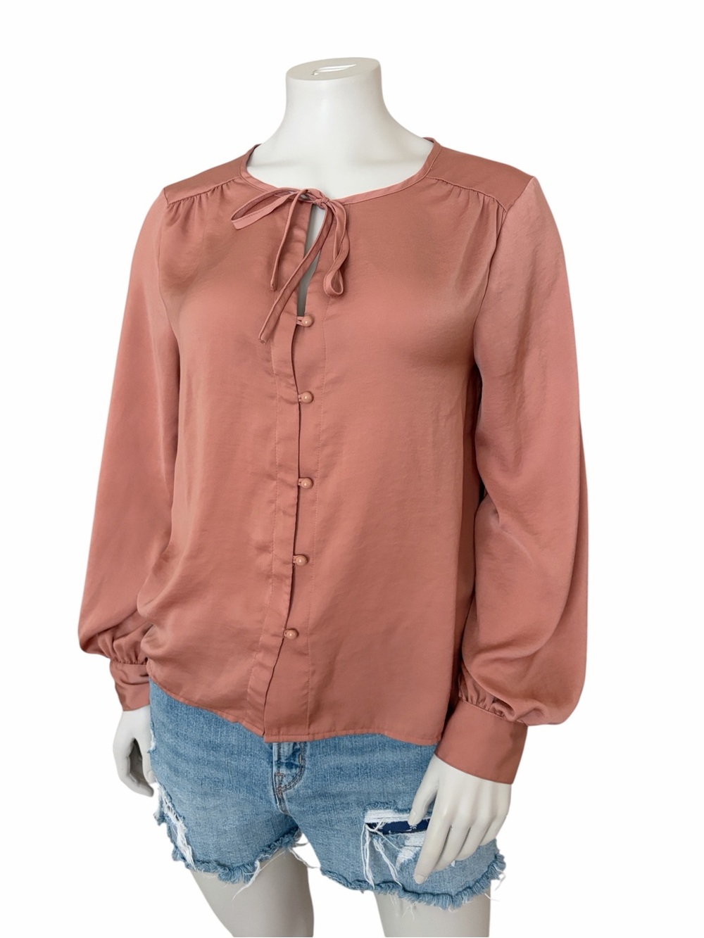 Forever 21 Dusty Rose Satin Tie Neck Blouse Size M